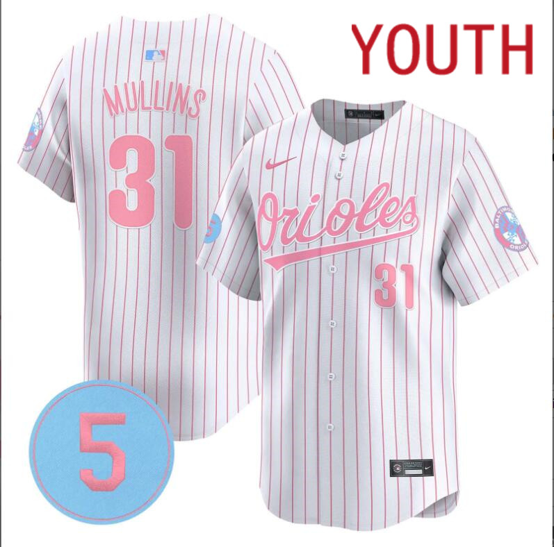 Youth  Baltimore Orioles  #31 Mullins white with red strips 2024 Nike MLB jersey->customized nfl jersey->Custom Jersey